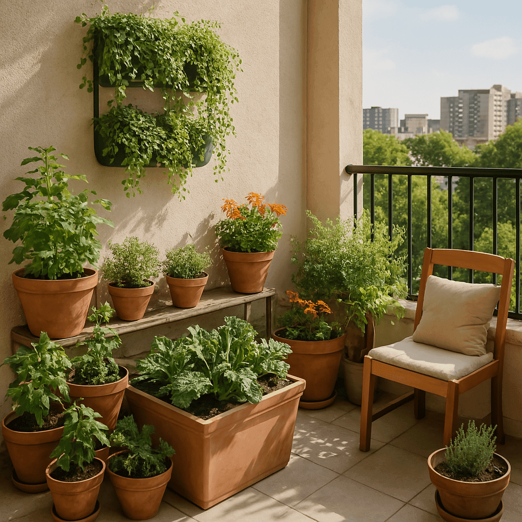 Beautiful balcony garden with potted plants and herbs on a city apartment terrace